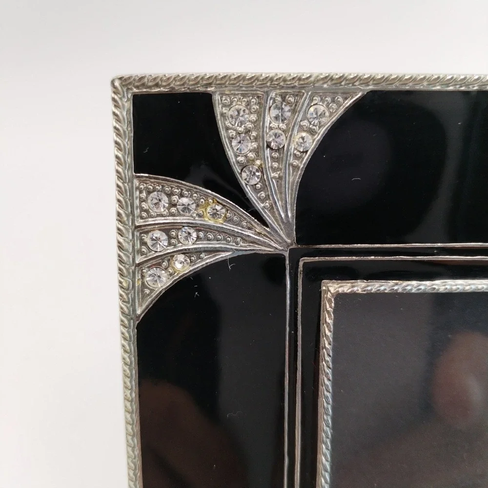 Vintage Art Deco Style Mini Picture Frame Black Enamel Rhinestone Square 2x2